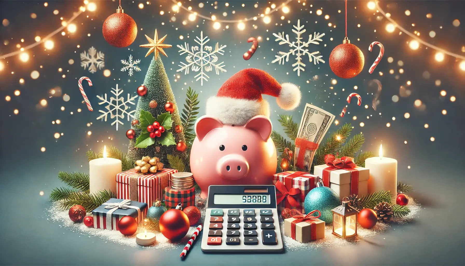 Holiday-themed image with a piggy bank in a Santa hat, festive decorations, a calculator, and glowing Christmas lights, symbolizing financial responsibility.